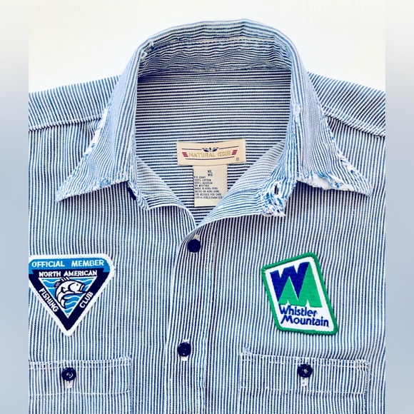 Distressed VTG embroidered patchs railroad ticking shirt XL Natural inst… - Picture 4 of 16